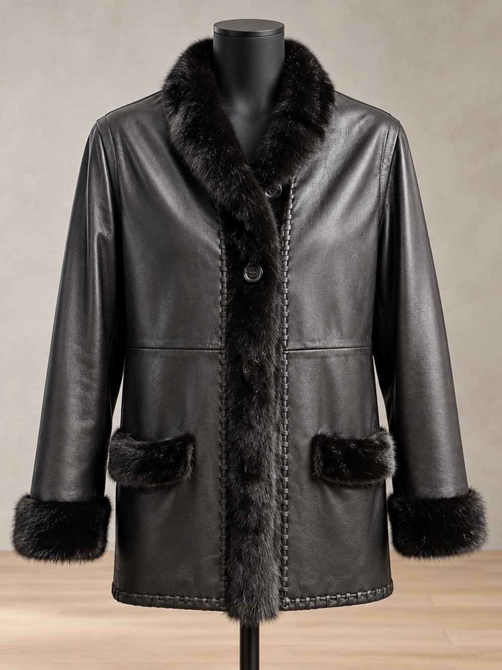 Classic Black Leather Jacket with mature mink Fur Trim